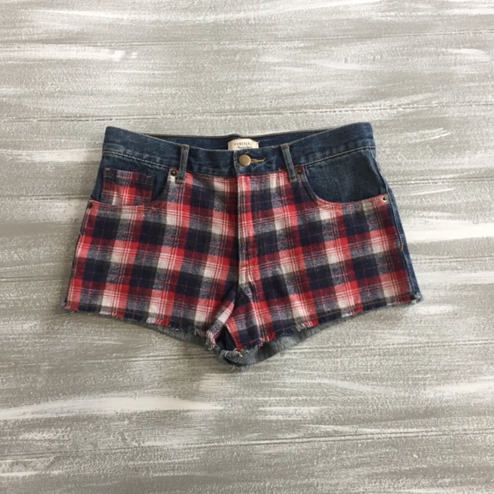 Red White & Blue Plaid Jeans Shorts